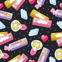 Seamless pattern with bubble gum, pads, boxes, lips with pop balloon in vibrant colors on a black background vector