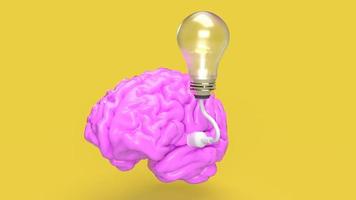 The pink Brain and light bulb on yellow background for creative or idea concept 3d rendering photo