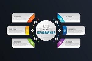 El círculo infográfico empresarial forma seis opciones, procesos o pasos para la presentación. se puede utilizar para presentaciones, diseño de flujo de trabajo, banners y diseño web. concepto de negocio con 6 opciones, pasos, piezas. vector