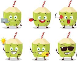 Green coconut cartoon character with various types of business emoticons vector