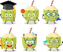 School student of green coconut cartoon character with various expressions vector