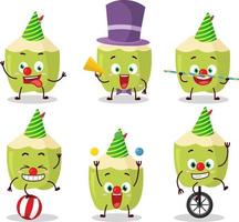 Cartoon character of green coconut with various circus shows vector