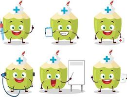 Doctor profession emoticon with green coconut cartoon character vector