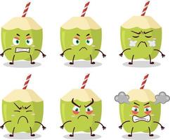 Green coconut cartoon character with various angry expressions vector