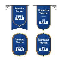 Ramadán kareem y eid Mubarak súper rebaja etiqueta en azul y oro forma. - vector. vector