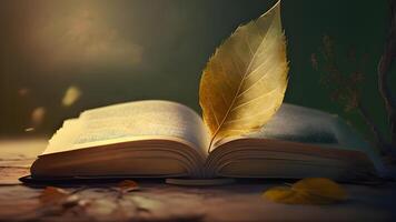 un de cerca de verde hojas en un apilar de libros. ai generativo. foto