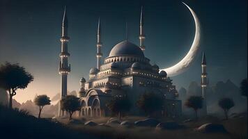 Ramadan Kareem night view background with historical mosque and moon architecture, Suleymaniye Arabian mosque in Istanbul, Turkey. . photo