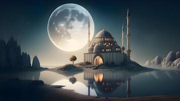 Ramadan Kareem night view background with historical mosque and moon architecture, Suleymaniye Arabian mosque in Istanbul, Turkey. . photo