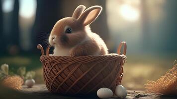 Celebrating Easter with a Cute Bunny, Colorful Eggs, and Plenty of Copy Space. Ai Generated photo