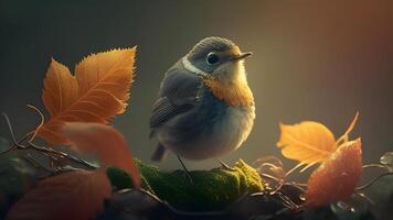 Small Bird with a Vibrant Head Perched on a Leafy Tree Branch in a Green Forest. . photo