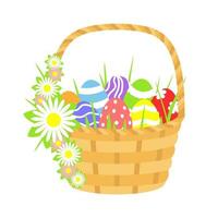 Vector illustration. Large basket with Easter eggs and flowers. Clip art for the holiday of Easter.