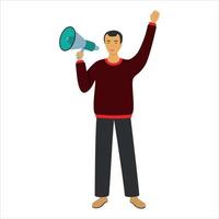 A man in a red sweater with a megaphone in his hand at a rally vector