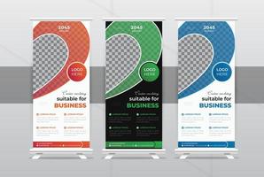 Corporate business rollup banner design with simple shapes for marketing promotion, presentation, stand template design or 3 color variation banner, modern layout, advertisement, pull up vector