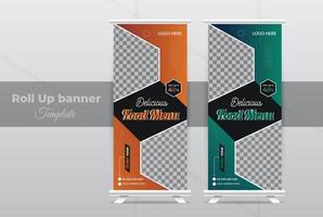 Modern food rollup banner design for restaurant. Vertical, roll-up template, exhibitions, Editable illustration standee x banner for hotel vector