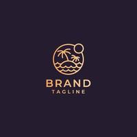 Island scheme with coconut trees and outline of waves and sun in circles and elegant minimalist line design in gold. Amazing logo template suitable for travel agency, hotel, tourism, adventure, etc. vector