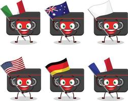 Retro cassette cartoon character bring the flags of various countries vector