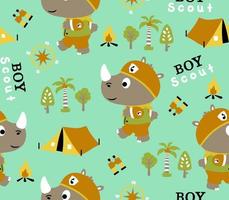 seamless pattern vector of cartoon little rhino in scout uniform with encampment elements