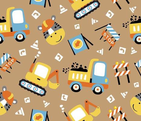 seamless pattern cartoon of construction vehicles with construction elements and funny zebra