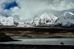 Overlooking the 7,500-meter-high Muztagh Tower from Pamirs Karakul Lake photo