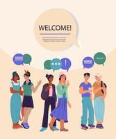 Welcome to university or college flyer or poster template with group of students. Back to school, college or university mockup with multiracial teenagers on background, flat vector illustration.