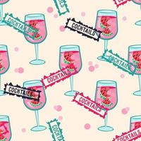 Summer seamless pattern with cocktail glasses and stamps. Fruit drink in wineglasses in design of endless repeatable texture for textile print and stationary, flat colorful illustration. vector