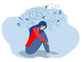 woman suffers from obsessive thoughts headache unresolved issues psychological trauma depression.Mental stress panic mind disorder illustration Flat vector illustration.