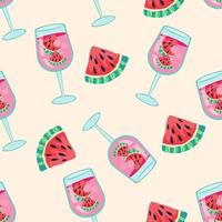 Summer seamless pattern with watermelon cocktail drink and slices. Endless design of summer bar fruit drink for prints and decoration, flat vector illustration.