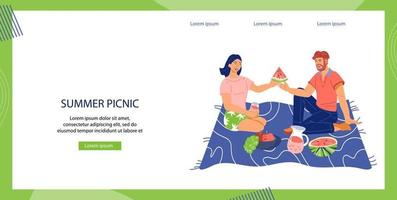 Summer picnic website page with couple in love dating on nature and having picnic. Landing page for people summer activity and outdoor leisure, flat vector illustration.