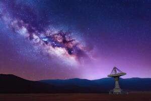 radio telescopio a estrellado noche con lechoso camino galaxia. antena para de espacio señales investigación. espacio observatorio. creado con generativo ai foto