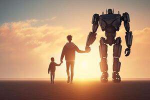 Giant robot and child walking together at sunset. Best friends. Friendship between artificial intelligence and people. Created with photo