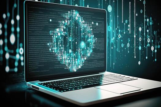 Laptop with network connection illustration. Analitical data infographic. Created with photo