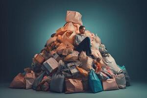 Man sits on top of pile of garbage bags. Concept of overconsumption and pollution of environment by human waste. Created with photo