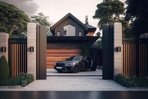 Modern luxury house exterior. Main entrance with automatic gates. Created with photo