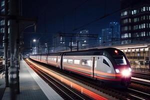 Modern high speed train at night. Fast train in city with motion blur effect, Public transport. Railway transportation. Created with Generative AI photo