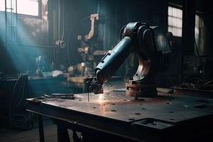 robótico brazo trabajos en soldadura. transportador línea a fábrica. automático soldadura. creado con generativo ai foto