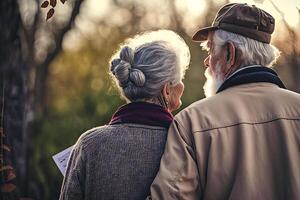 Back view of an elderly couple outdoors. Elderly man and woman are walking together, having romantic relationship. Happy old age. Created with photo