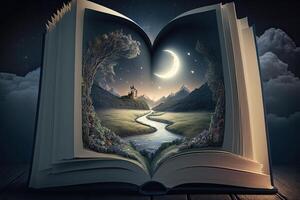 Open magical book with fantasy landscape over pages. Created with photo