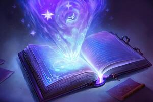 abierto mágico libro con brillante luces terminado paginas en resumen antecedentes. fantasía lectura. creado con generativo ai foto