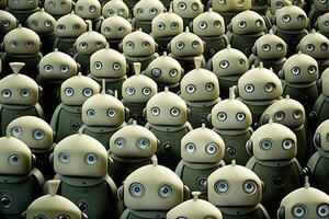 Robot crowd in rows. Robot army. Created with photo