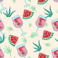 Seamless textile pattern with slices of watermelon and glasses of fruit cocktail. flat vector illustration. Summer endless repeatable texture with fruits and plants motif.