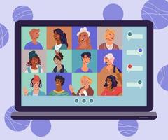 Internet communication and virtual online conference concept. laptop with online chat avatars of connected people on group conference video call, flat vector illustration.