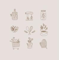 Set of floral kitchen icons in hand made line style cutting board, mixer, jar with lid, salad bowl, dough whisk, coffee cup, grocery cart, water jug for plants, oven mitts drawing on beige background vector