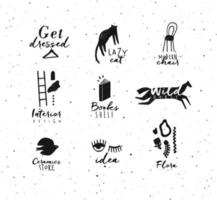 Crosshatch pen line style modern symbols drawing in black color on white background vector