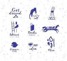 Crosshatch pen line style modern symbols drawing in blue color on white background vector