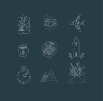 Set of travel nature icons in hand made line style tablet, camera, plane, tea cup, globe, house building, clock, mountains, envelope drawing on dark blue background vector