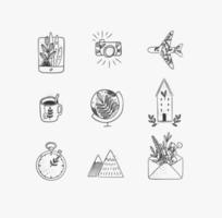 Set of travel nature icons in hand made line style tablet, camera, plane, tea cup, globe, house building, clock, mountains, envelope drawing on white background vector