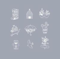 Set of floral garden icons in hand made line style boots, barn, origami, garden cart, umbrella, cactus, hourglass, bird, plaster drawing on grey background vector