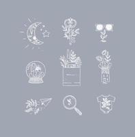 Set of nature icons in hand made line style moon, key, glasses, glass ball, grocery bag, house, paper plane, magnifier, baby clothes drawing on grey background vector