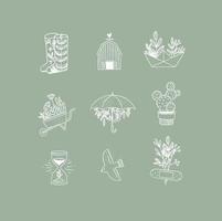 Set of floral garden icons in hand made line style boots, barn, origami, garden cart, umbrella, cactus, hourglass, bird, plaster drawing on green background vector