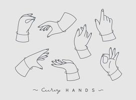 conjunto de curvilíneo manos con dedos íconos en diferente posiciones dibujo en gris antecedentes vector